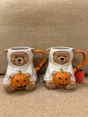 Teddy Bear Ghost Pumpkin Halloween Fall Set of 2 Mugs Creepy Critters Brand New